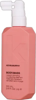A pink bottle of Kevin Murphy Body Mass Leave-In Plumping Conditioning Treatment with a white pump dispenser.