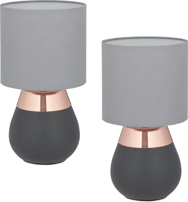 Zdjęcie produktu dla Lampa stołowa Relaxdays, zestaw 2 szt., metalowa podstawa, abażur z tkaniny, E14, wys. x średnica: 32 x 18 cm, lampa nocna z przewodem, szaro-miedziana