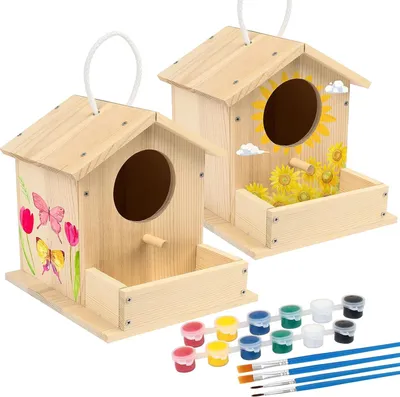 Produktbild von Bausatz für Vogelhäuser für Kinder – 2 Vogelhäuser zum Bemalen – Holz-Bastelset