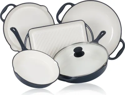 Produktbild von Mahlzeit 5-teiliges Pfannenset, Blue Berry, mit Grillpfannen, Grillplatte und Paella Pfanne