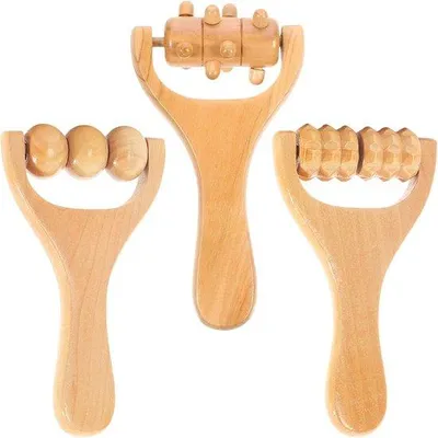 Image de Rouleaux de massage pour les mains et les pieds en bois naturel - Lot de 3 - Appareil de massage pour le cou, le dos, les jambes, le visage et les bras