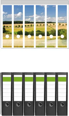 Produktbild von Wallario 6 Stück breite Ordner inkl. Klebeetiketten mit Motive Feldlandschaft unter blauem Himmel -  Set mit Rückenschildern / Ordnerrücken Stickern