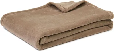 A folded taupe blanket on a white background.