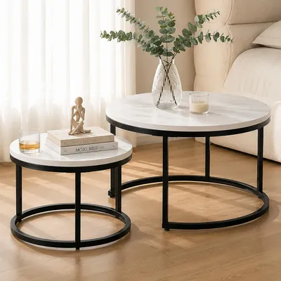 Immagine prodotto di MODFU Tavolino 2 in 1 da salotto, tavolini rotondi Ø70+Ø45 cm, tavolo da soggiorno con struttura in metallo e piedini antiscivolo, nero&bianco