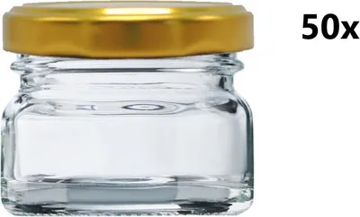 A single clear glass jar with a gold lid is shown against a white background, with the text '50x' to the right.