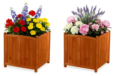 Produktbild von 2er Set Pflanzkübel Holz 50×50×50 cm – Blumenkästen aus Fichtenholz mit Schutzfolie, eckiger Pflanzkasten für Garten, Terrasse & Balkon – XXL Outdoor-Blumenkübel im Landhausstil