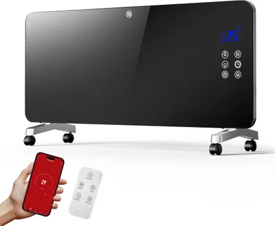 Immagine prodotto di Riscaldatore elettrico in vetro Wiltec 2000 W, convettore in vetro con display a LED, riscaldatore elettrico con montaggio a parete e rotelle, riscaldatore elettrico con controllo wifi incl. telecomando
