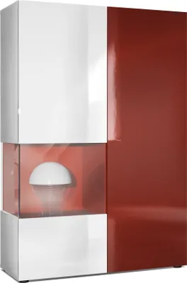 Produktbild von Vladon Vitrine Kommode Hochschrank Morena, Germany, Korpus in Weiß matt / Rechte Tür und der Einsatz in Bordeaux Hochglanz
