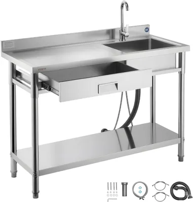 Produktbild von Edelstahl Spültisch mit Einzelbecken (120 x 50 x 94 cm), Wasserhahn und Schublade, Küchenspüle für Garage, Restaurant und Wäscherei, Außenspüle mit Arbeitsplatte (links)