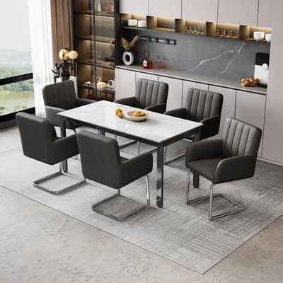 Produktbild von Flieks Polsterstühle 6er Set, Esszimmerstühle Freischwinger 6er Set, Besucherstühle Arbeitsstühle mit Armlehnen und Metallbeinen, PU, Schwarz Braun