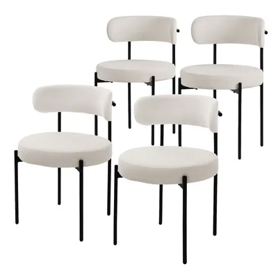 Four white upholstered chairs with black metal legs are arranged in a staggered formation against a white background.