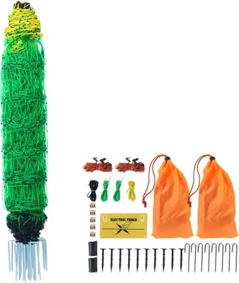Image de Filet de clôture électrique pour pâturage, 0,88 x 49,98 m, clôture en filet PE avec poteaux et doubles crampons, filet portable pour chèvres, moutons, agneaux, cerfs, porcs, chiens, pour utilisation dans les basses-cours.
