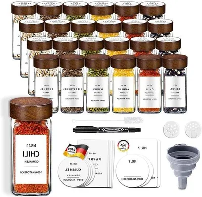 Obrázek produktu pro Čtvercové nádobky na koření z akáciového dřeva – 24 kusů – 320 štítků – 120 ml nádobky na koření z vysoce kvalitního borosilikátového skla