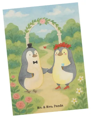 Produktbild von Mr. & Mrs. Panda Postkarte Hochzeit Pinguin Design - Weiß - Geschenk, Gastgeschenk, Grußkarte, Hochzeitskarte, Fotokarte, Hochzeitstag, Hochzeitsgeschenk, Ansichtskarte
