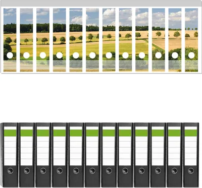 Produktbild von Wallario 12 Stück breite Ordner inkl. Klebeetiketten mit Motive Feldlandschaft unter blauem Himmel -  Set mit Rückenschildern / Ordnerrücken Stickern