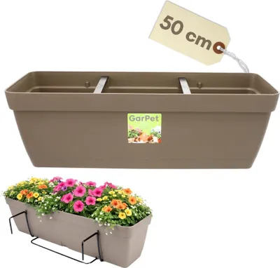 Produktbild von Blumenkasten Balkon Balkonkasten mit Halterung Blumenkasten mit Wasserspeicher Blumentopf Balkongeländer Blumenkastenhalterung Balkon Pflanzkasten Taupe 50 cm