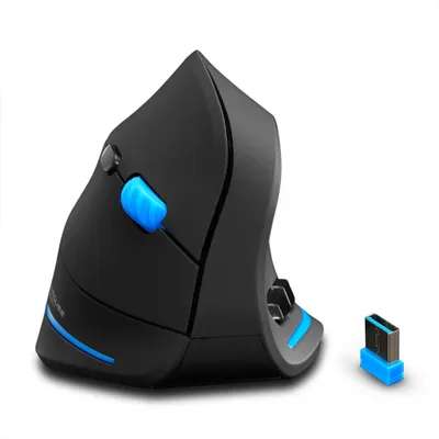 A black vertical mouse with blue accents and a USB receiver on a white background.