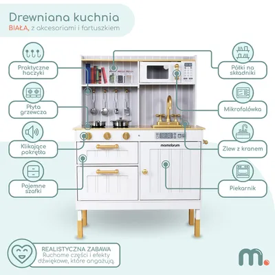 Obrázok produktu pre Biela drevená kuchynka pre deti - hracia kuchynka vrátane príslušenstva a zástery