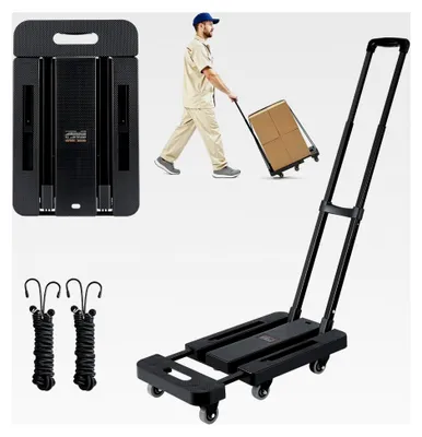 Produktbild von Klappbare Sackkarre, 227 kg Tragkraft, Transportwagen mit 6 Rädern, 2 elastischen Seilen & erweiterbarer Ladefläche, für Flughafen, Reisegepäck, Büroumzüge, Schwarz, 560x305x1010 mm