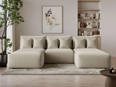 Produktbild von GrainGold Ecksofa U-Form Ronni - Ecksofa mit Schlaffunktion, Bettkasten - Moderne Ecksofa, Wohnzimmer Sofa - Eckcouch mit Bouclé-Stoff -  Beige
