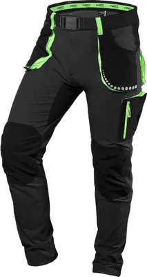 A pair of black and green work pants is shown against a white background.