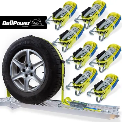 Produktbild von 8x BullPower Spanngurte AZG203 - Autotransport PKW Zurrgurte Reifengurte Transportsicherungen - LC 4000 kg / daN mit Ratsche und Haken - 50mm breit