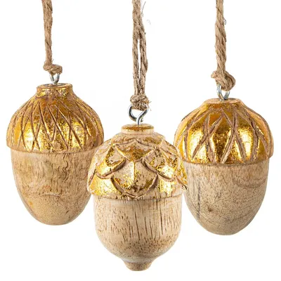 Produktbild von 3 Holz Weihnachtsanhänger Eicheln Gold Natur Weihnachten 6 cm