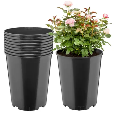 Image de Ensemble de 10 pots ronds en plastique pour plantes, avec trous de drainage, pour jardin, couleur noire, diamètre 22 cm, hauteur 25,5 cm (7 litres), référence GD-KW-RR