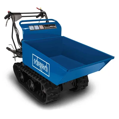A blue tracked dumper truck is shown against a white background.