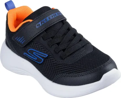 A single black Skechers sneaker for children is shown against a white background.