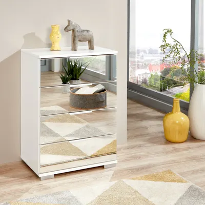 Produktbild von Schlafzimmer Nachttisch Nachtschrank, auch für Boxspringbett geeignet, in weiß mit Spiegelfront ELSTRA-43, B/H/T ca. 52/74/38 cm