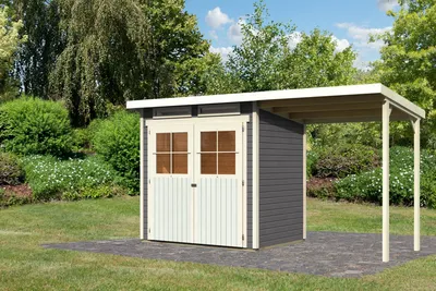 Produktbild von Karibu Gartenhaus Gerätehaus Glücksburg 2 im Set mit Anbaudach terragrau 387x156x220 cm