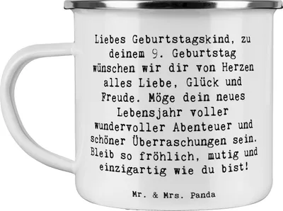 Produktbild von Mr. & Mrs. Panda emaillebecher Spruch 9. Geburtstag Glück - Weiß - Geschenk, Teebecher, Geburtstagdeko, Neunter, Geburtstagsgeschenk, Teetasse, Geburtstagsfeier, Pott