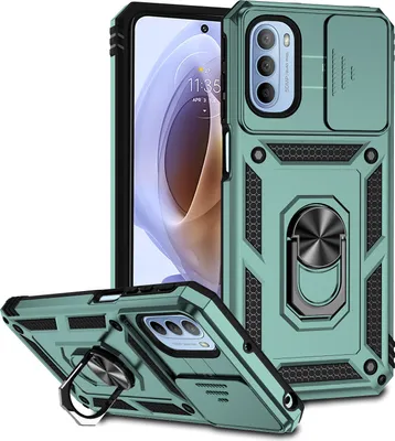 A protective phone case with a sliding camera cover and a ring holder is displayed, with a phone partially visible inside.