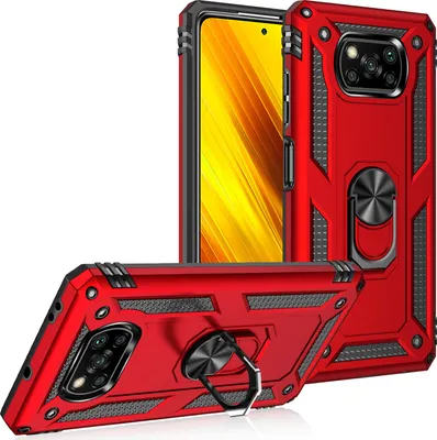 Obrázek produktu pro Pouzdro pro Xiaomi Poco X3 Pro dvouvrstvé robustní, vojenská ochrana pouzdro s držákem prstenu a stojánkem červené