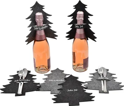 Produktbild von 24 Stück Besteckhalter Flaschenanhänger Tanne Filz Grau Schwarz Spruch Frohe Weihanchten Frohes Fest
