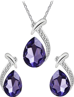Produktbild von Dame Faux Kristall Wasser Tropfen Anhänger Kette Halskette Ohrringe Hochzeit Schmuck Set-Lila