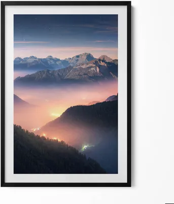 Produktbild von Berggipfel Landschaft– Wandbild mit Rahmen – Gerahmtes Bild  – Wanddekoration – 70x100 cm –  Schwarz Rahmen