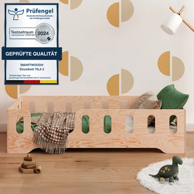 Produktbild von Smartwood® Kinderbett 140x200 Holz Montessori Bodenbett mit Rausfallschutz und Lattenrost - Niedriges Bett für Jungen und Mädchen TILA 2L - Naturholz
