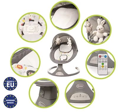 Produktbild von 4BABY Babyschaukel Rock’n Relax für Säuglinge, mit 5 Geschwindigkeiten, Musik & Timer, Aluminiumrahmen, USB-Anschluss, Fernbedienung. Maße zusammengeklappt (BxHxT): 63x64x16 cm; aufgestellt (BxHxT): 61x53x64 cm.