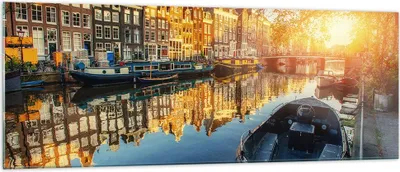 Produktbild von Bilder auf glas - Kanal Boot Amsterdam Wasser - 140x50cm - Glasbilder - Wandbilder - Kunstdruck - zum Aufhängen bereit - Wanddekoration aus Glas - Glas Bilder - Wandbild auf Glas - GAB140x50-2857