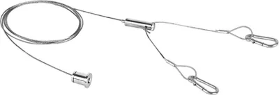 A silver suspension cable with two carabiner clips and a locking mechanism.