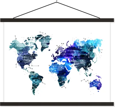 Produktbild von MuchoWow® Textilposter Weltkarte - Sterne - Blau 120x90 cm mit schwarzem Rahmen - Aufhänger für Poster