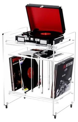 Produktbild von Acryl-Beistelltisch mit Vinyl-Magazinaufbewahrung und 3 Ebenen, Beistelltisch mit Rädern (transparent, groß)