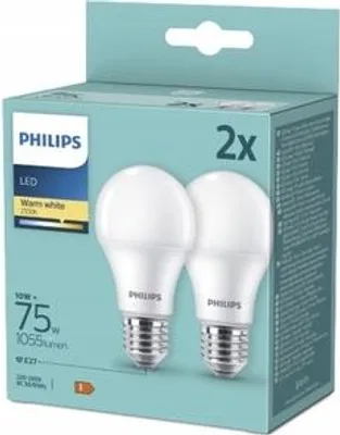 Obrázek produktu pro Philips Žárovka 75 W A60 E27 x2, 10 W, 75 W, E27, 1055 lm, 15000 h, Teplá bílá