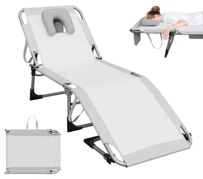 Obrázok produktu pre XINZI Skladacie ležadlo – ľahké a kompaktné, 5-stupňovo nastaviteľné operadlo, vankúš pod hlavu, nosnosť 160 kg, záhradná stolička, plážové ležadlo k bazénu, svetlosivé