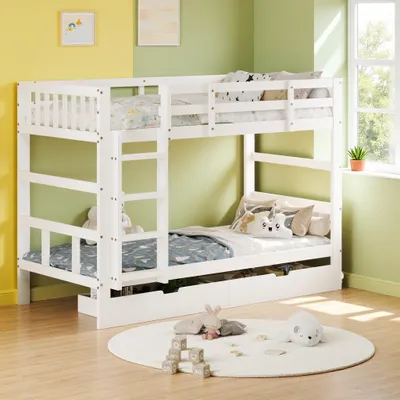 Produktbild von INONEFT Hochbett Kinderbett 90x200 cm, Etagenbett mit Stauraum, Lattenrost und Rausfallschutz, umbaubar in 2 Einzelbetten, Massives Kiefernholz, Weiß