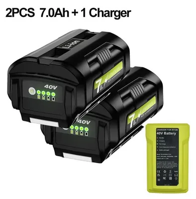 Immagine prodotto di Batteria agli ioni di litio da 40 V e caricabatterie - Compatibile con OP4050/RY40200/OP4030/OP4060A/OP40201/OP40301 - 2 batterie + 1 caricabatterie - 7000 mAh 7,0 Ah - Grigio