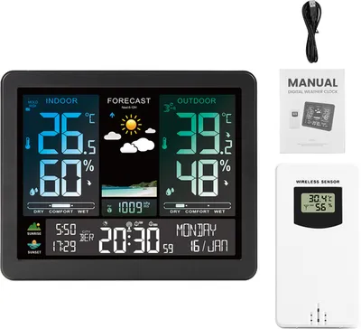 Produktbild von Professionelle elektronische Multifunktions-Wetterstation, intelligente Farbbildschirmuhr, Temperatur, Luftfeuchtigkeit, Luftdruck, Mondphase, Wettervorhersage, Wecker, unterstuetzt 8-sprachige Anzeige
