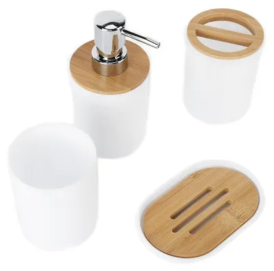 Produktbild von Badezimmer-Accessoire-Set Bambus Weiß 4-teilig
